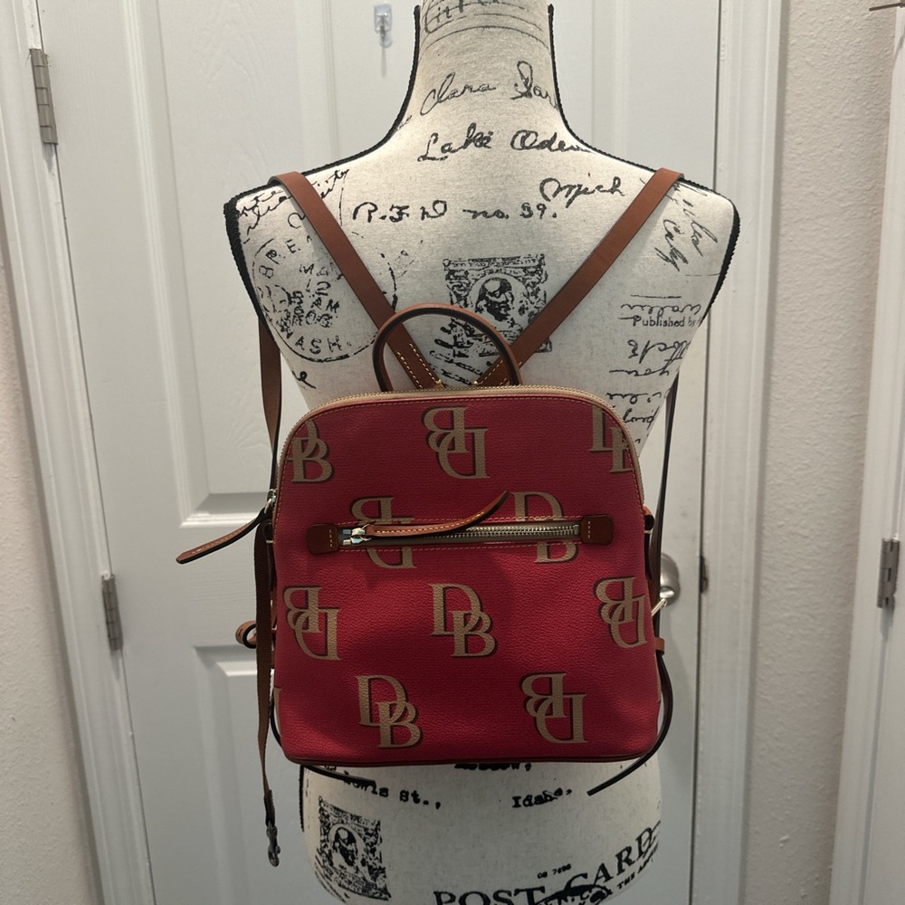 Dooney & Bourke DB Logo Red Mini Backpack with Brown Straps